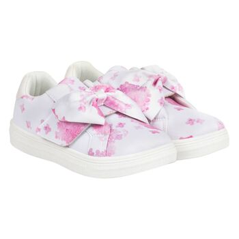 Girls White & Pink Floral Velcro Trainers