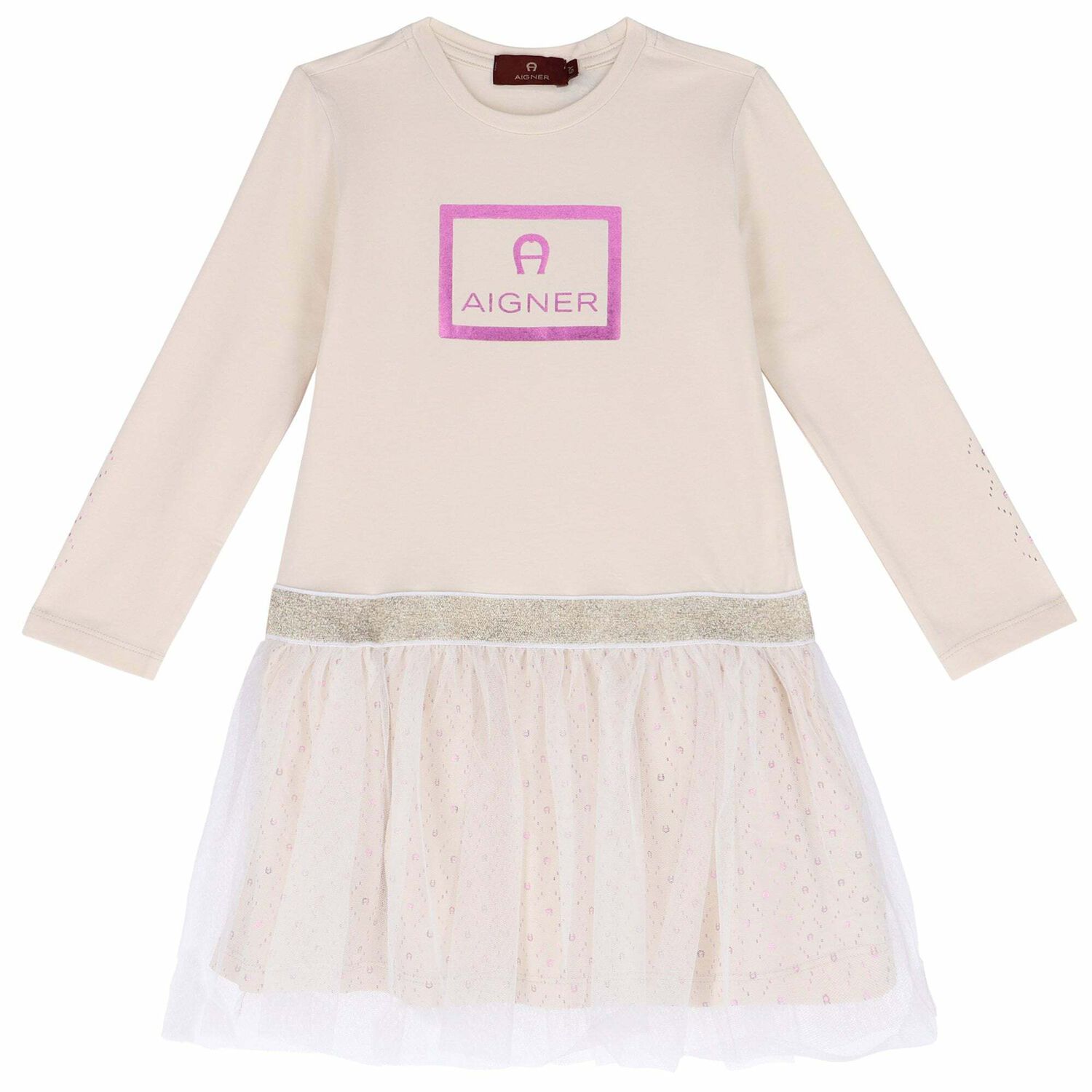 Girls Ivory Tulle Logo Dress, 1, hi-res