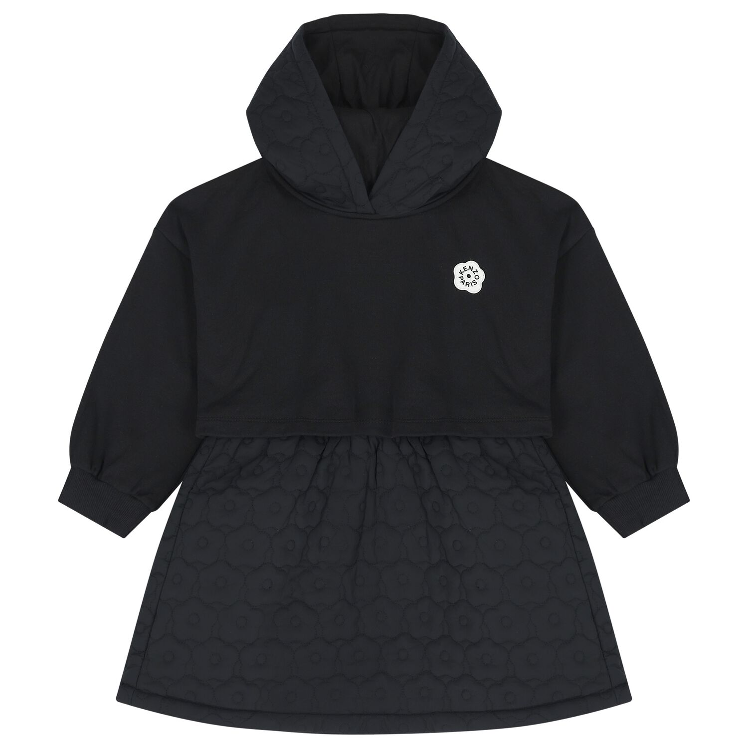Girls Black Bokeh Flower Logo Hooded Dress, 1, hi-res
