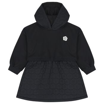 Girls Black Bokeh Flower Logo Hooded Dress