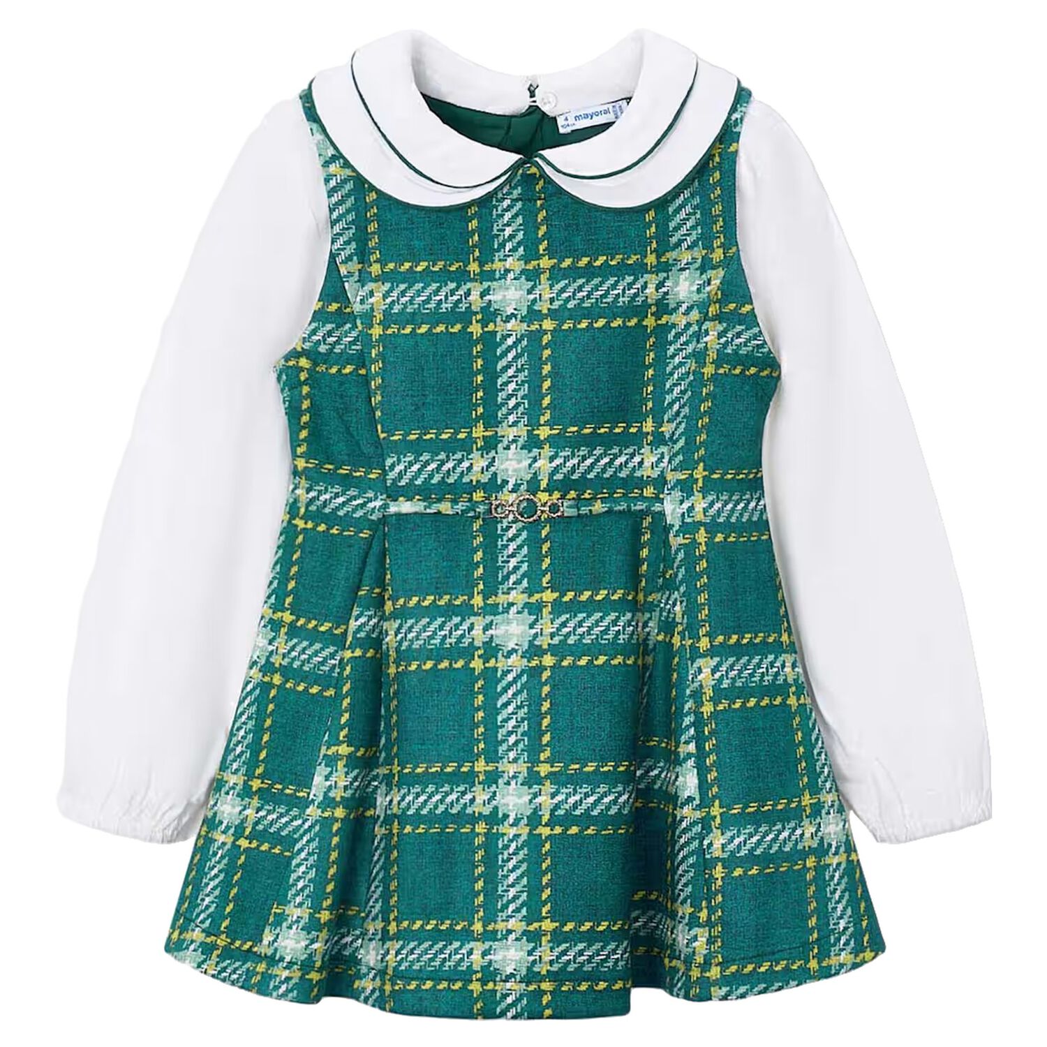 Girls Green & White Pinafore Dress, 1, hi-res