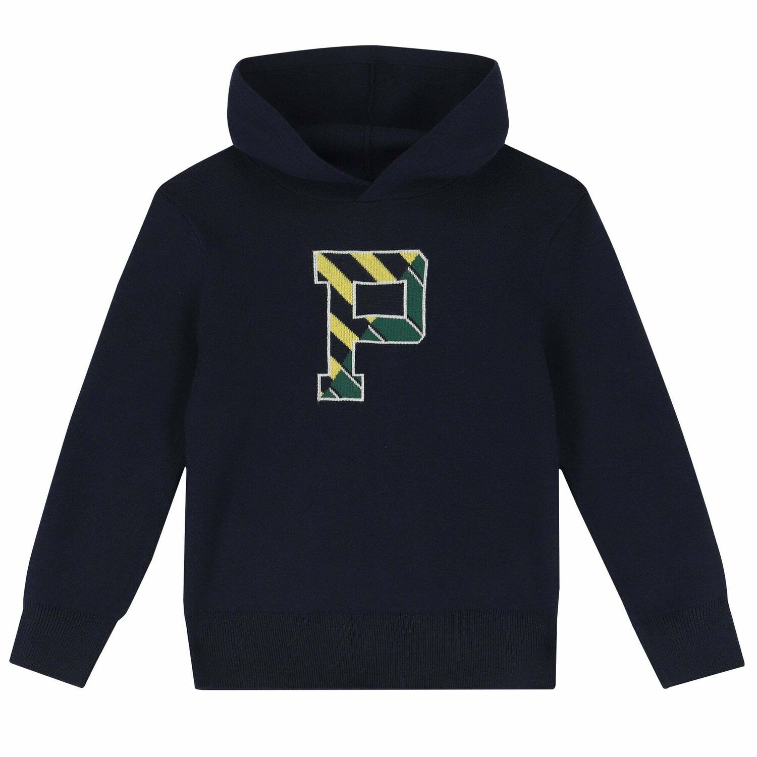Boys Navy Logo Knitted Hooded Top, 1, hi-res