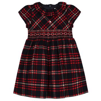 Girls Navy Blue Tartan Smocked Dress