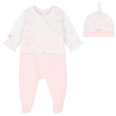 Baby Girls Pink & White Babygrow & Hat Set