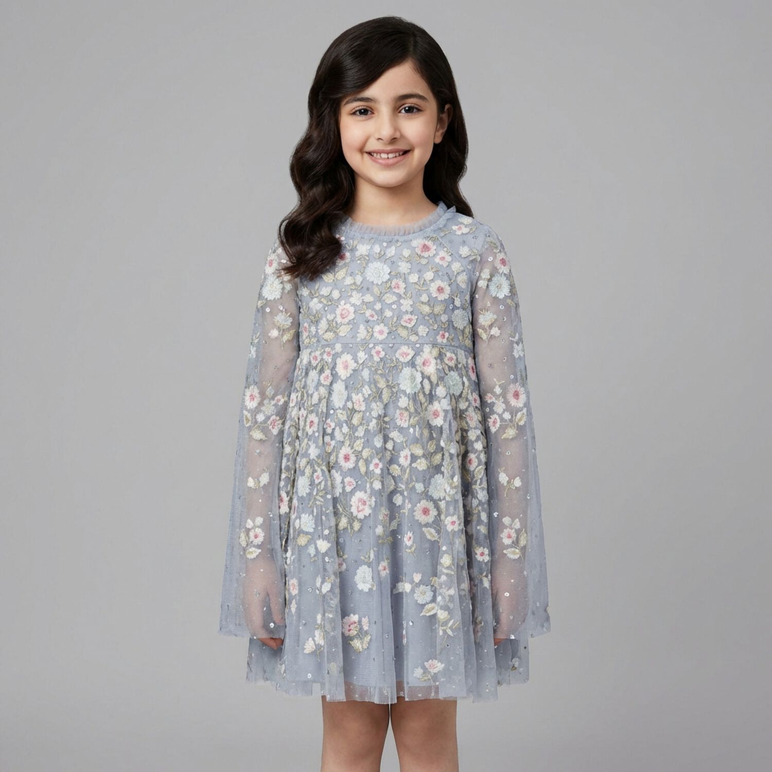 Girls Blue Floral Tulle Cape Dress, 1, hi-res