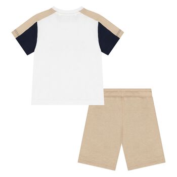 Younger Boys White & Beige Logo Shorts Set
