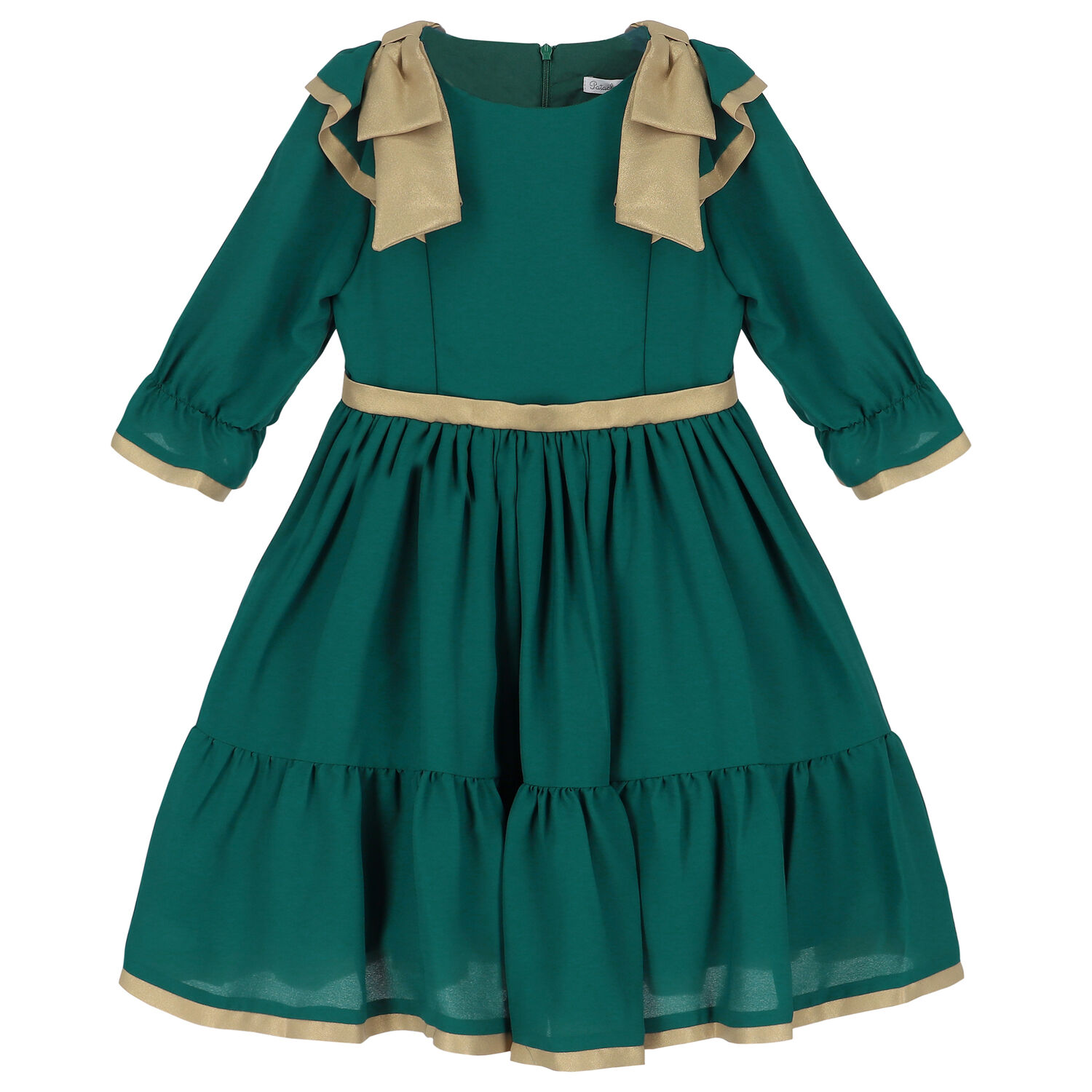 Girls Green & Gold Bow Chiffon Dress, 1, hi-res image number null