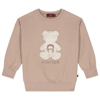 Girls Beige Faux Fur Teddy Bear Sweatshirt