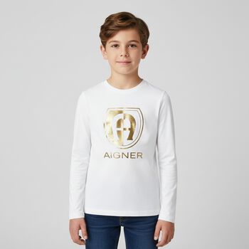 Boys White & Gold Logo Long Sleeve Top