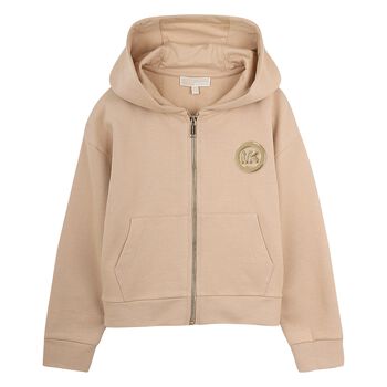 Girls Mini Me Beige Logo Hooded Zip Up Top