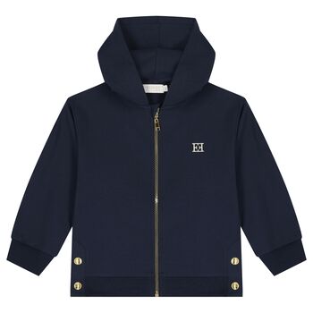 Girls Navy Blue Logo Hooded Zip Up Top
