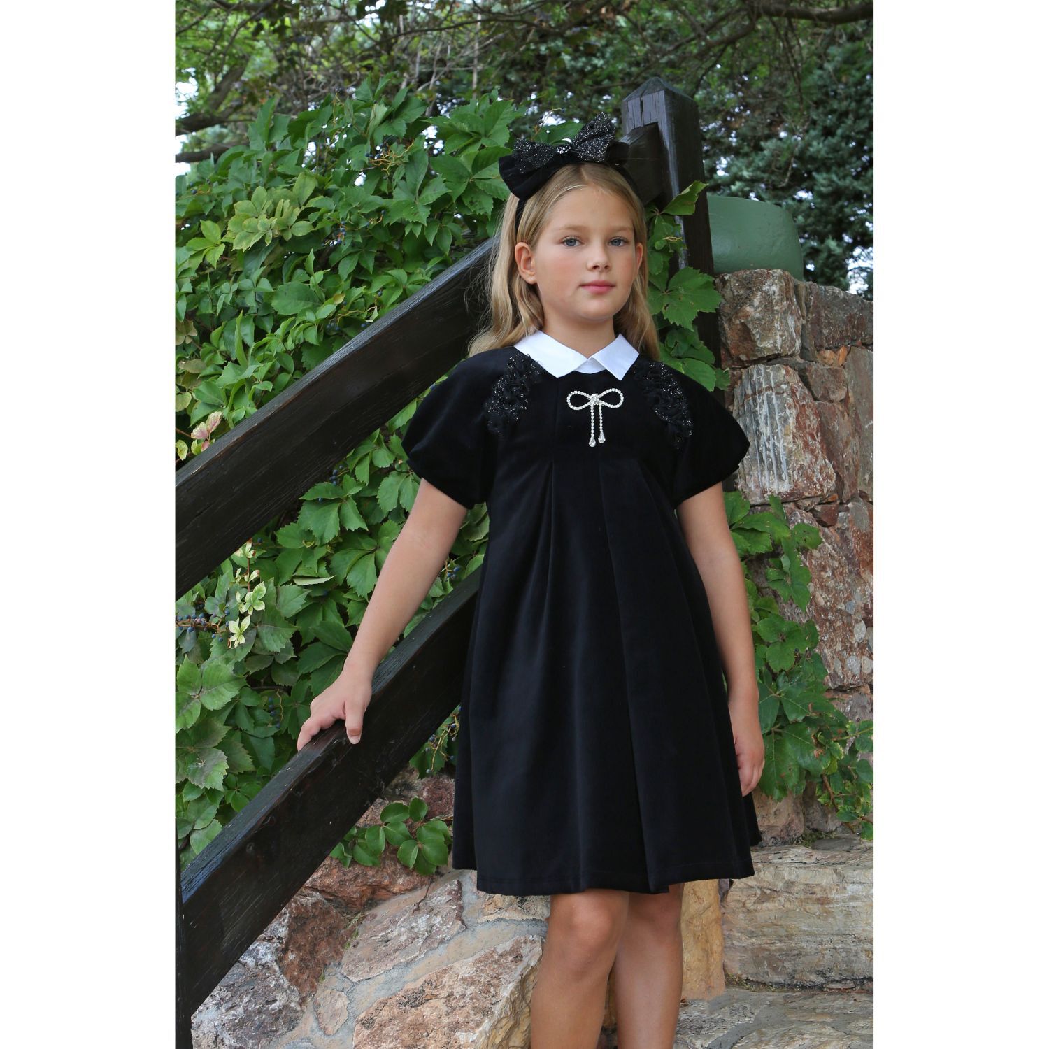 Girls Black Velvet Bow Dress, 1, hi-res image number null