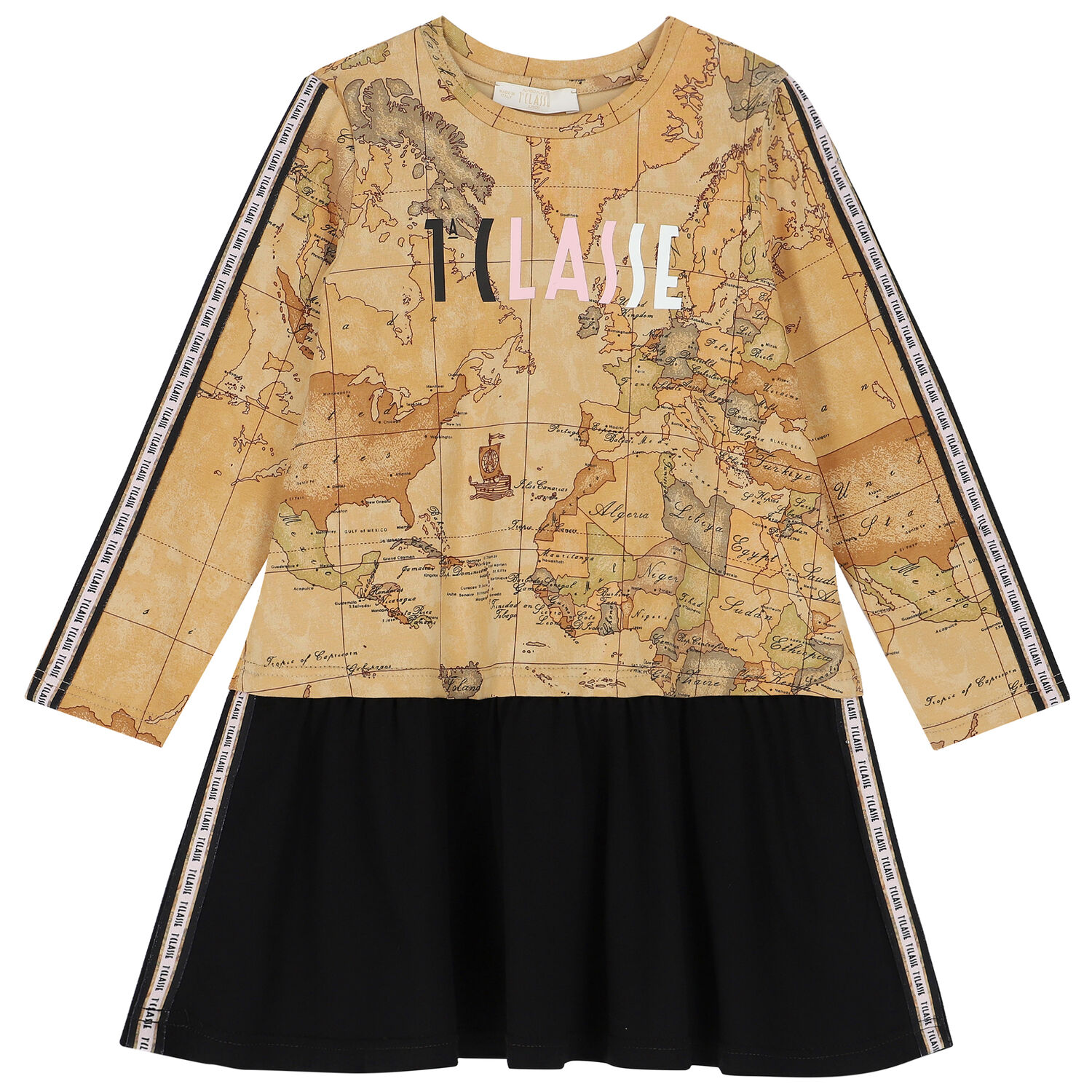 Girls Beige & Black Geo Map Dress, 1, hi-res