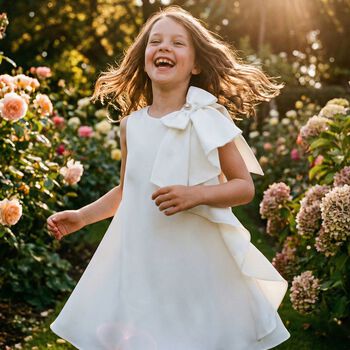 Girls Ivory Crepe Bow Dress 