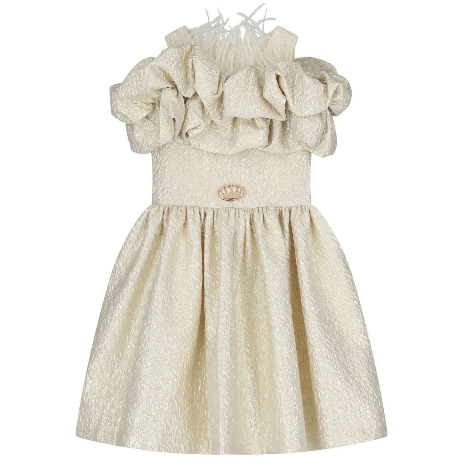 Girls Gold Logo Ruffled Dress, 1, hi-res