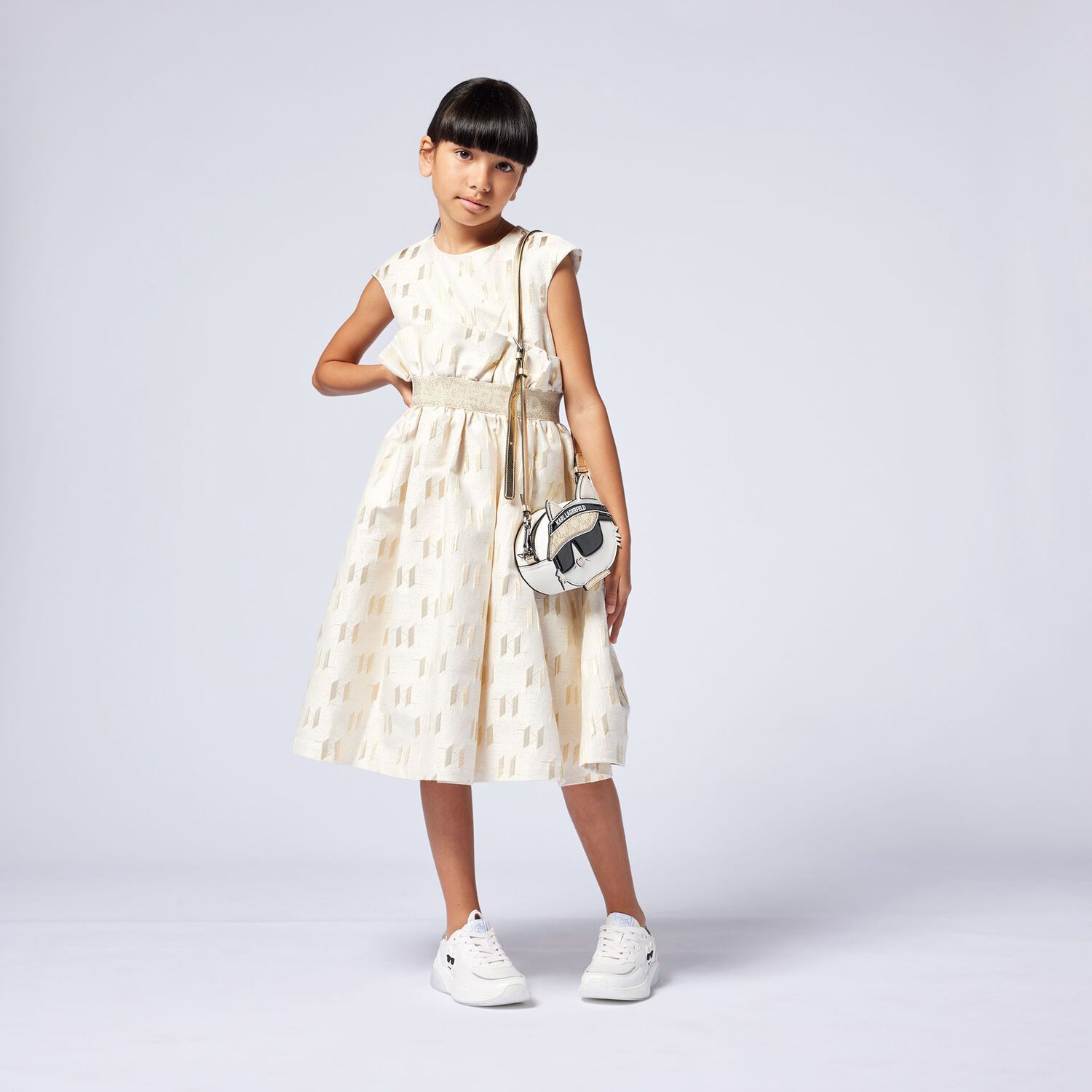 Girls Ivory and Gold Logo Dress, 1, hi-res image number null