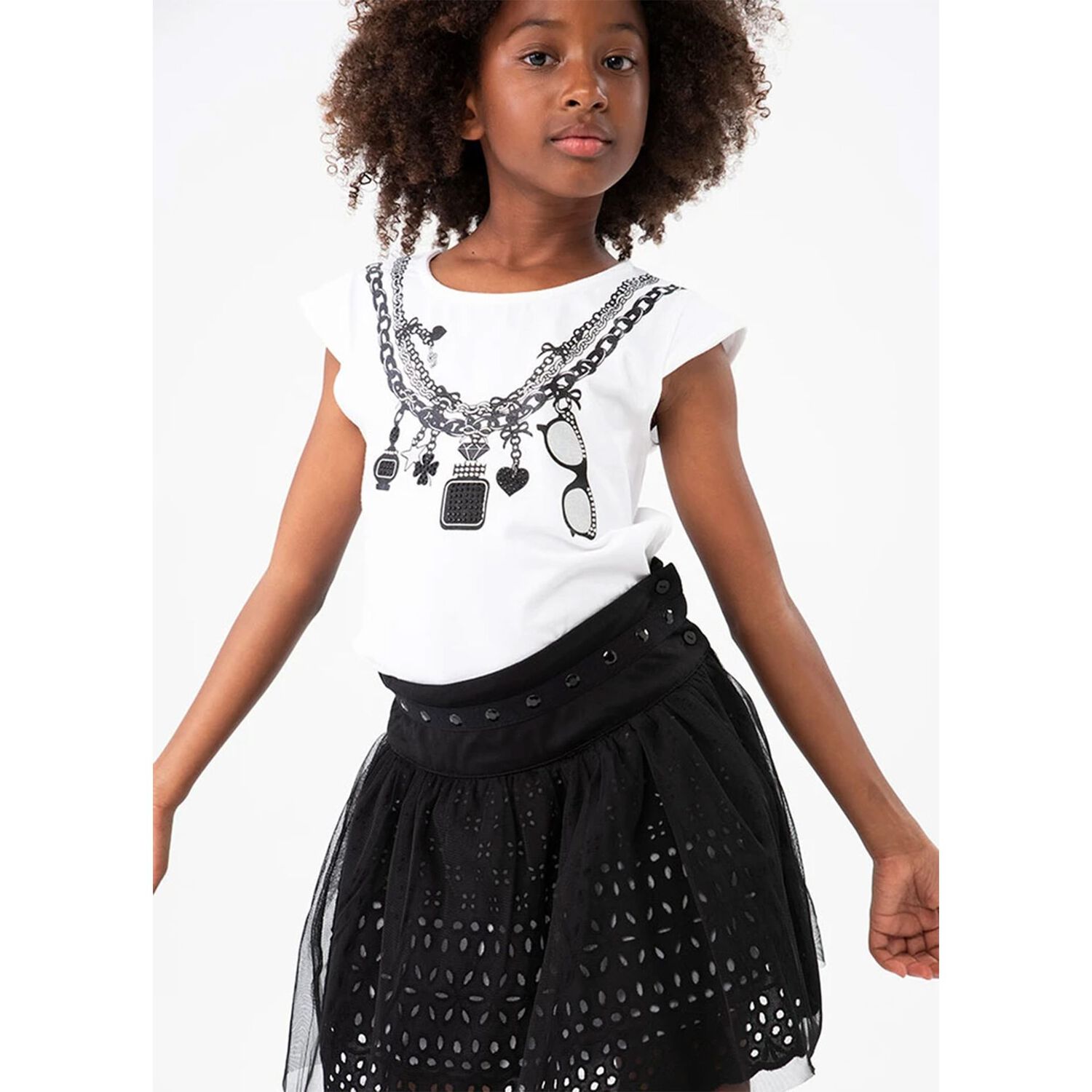 Girls Black Broderie Anglaise Skirt, 1, hi-res