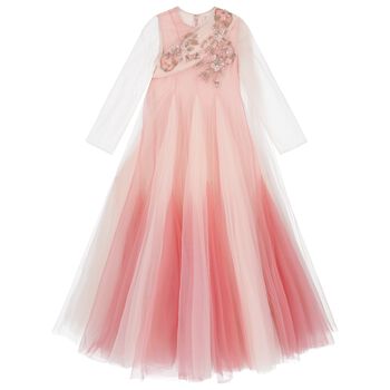 Girls Pink & Ivory Embellished Tulle Dress