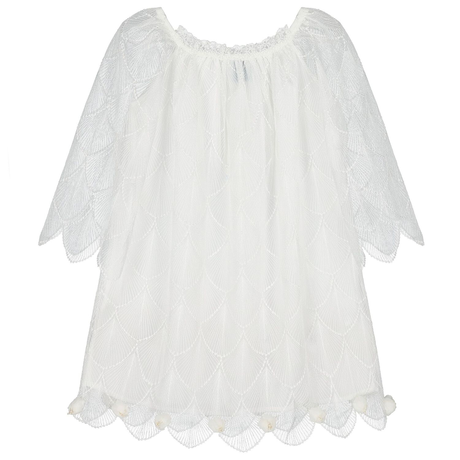 Girls White Scallop Lace Dress, 1, hi-res