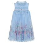 Girls Blue Floral Tulle Dress, 1, hi-res