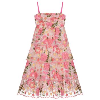Girls Pink Floral Embroidered Tiered Dress