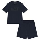 Boys Navy Blue Logo Shorts Set, 5, hi-res