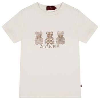 Girls Ivory & Beige Teddy Bear Logo T-Shirt