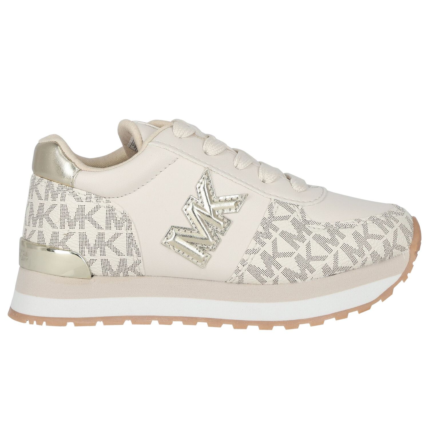Girls Ivory & Gold Logo Trainers, 1, hi-res