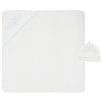 Baby Boys White & Blue Embroidered Blanket & Hat Set