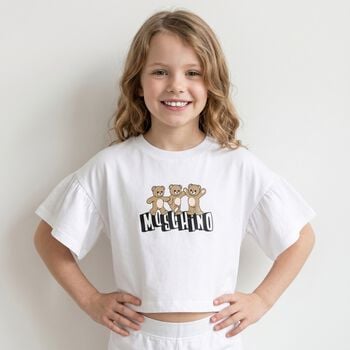 Girls White Teddy Bear Logo T-Shirt