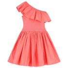 Girls Coral Pink Asymmetric Dress, 1, hi-res