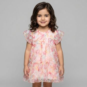 Younger Girls Pink Logo Floral Tulle Dress