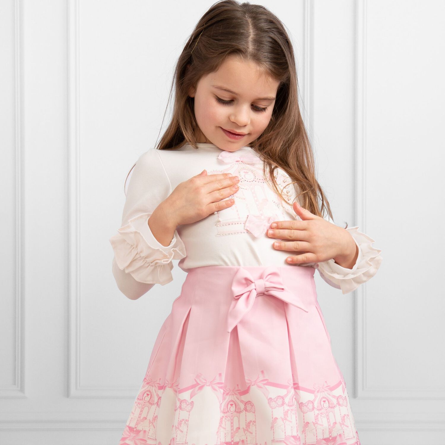 Girls Ivory & Pink Carousel Skirt Set, 1, hi-res