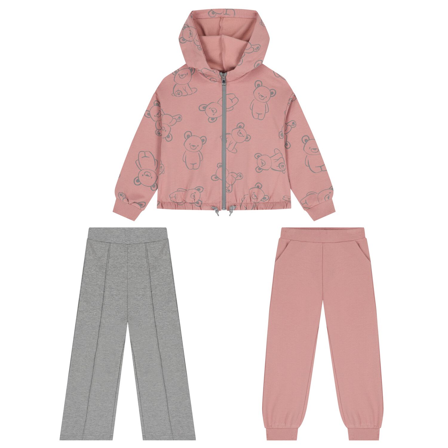Girls Pink & Grey Teddy Bear 3 Piece Tracksuit, 2, hi-res