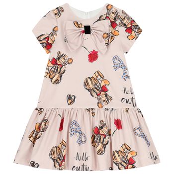 Girls Beige Teddy Bear Bow Dress