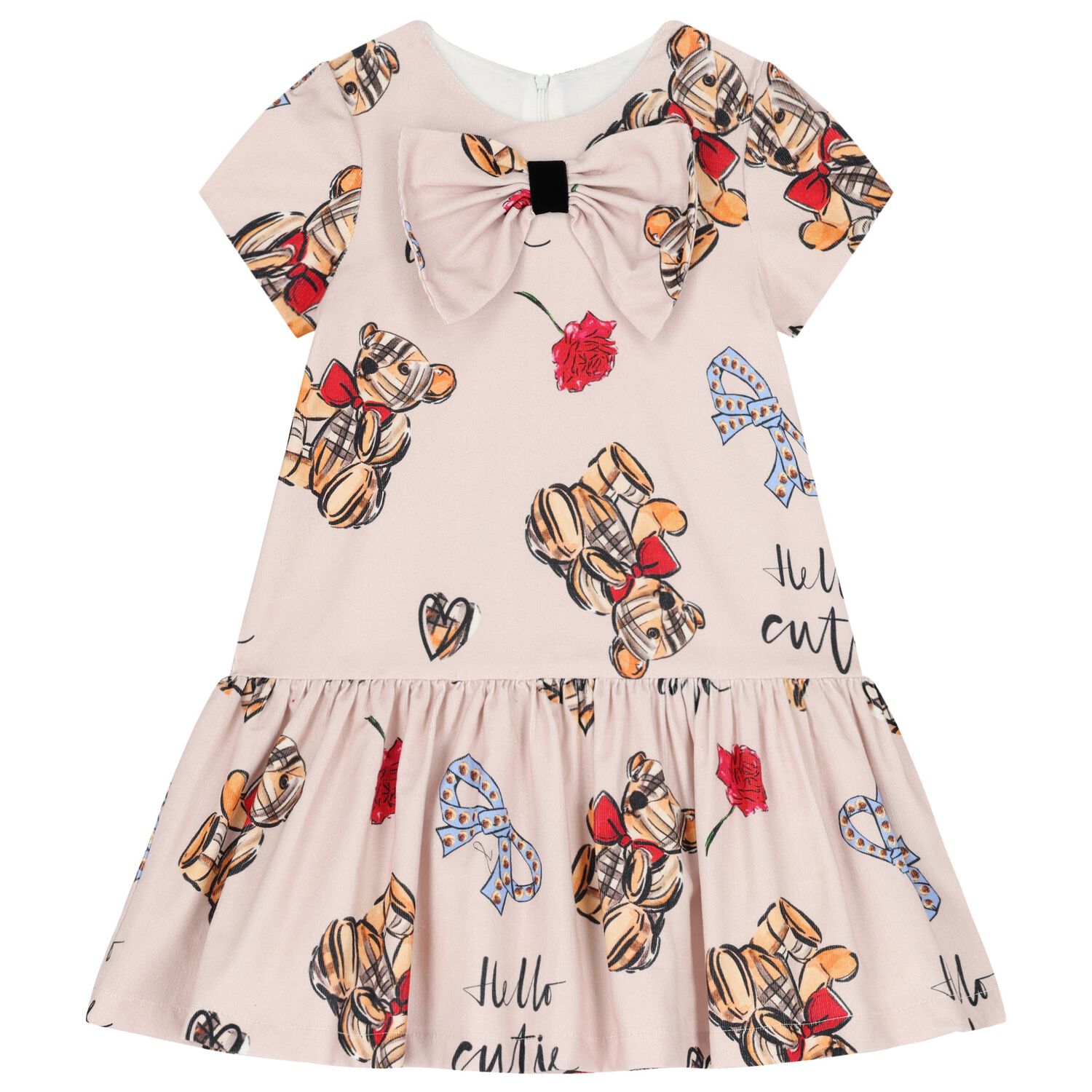 Girls Beige Teddy Bear Bow Dress, 1, hi-res image number null