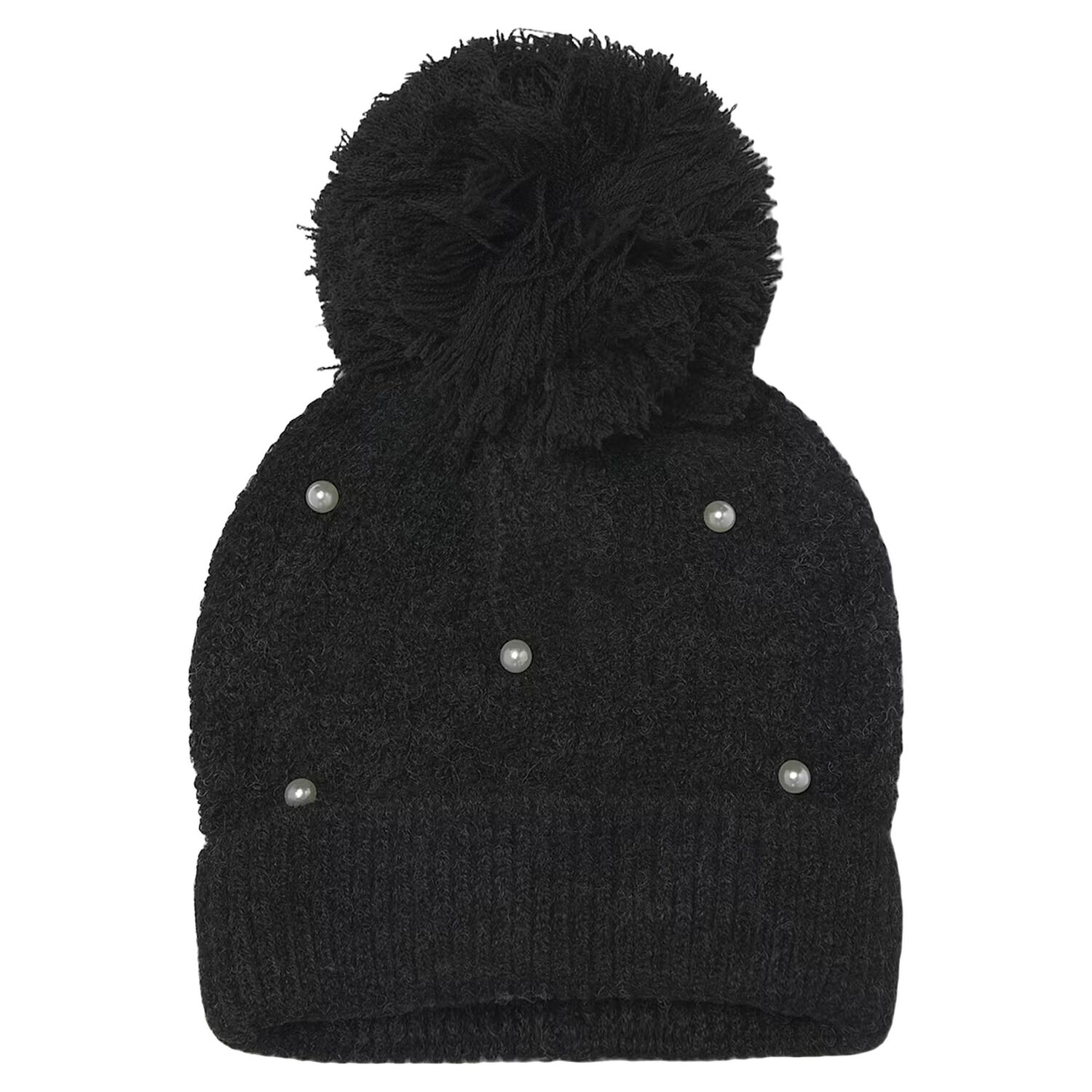 Girls Black Embellished Knitted Beanie Hat, 2, hi-res