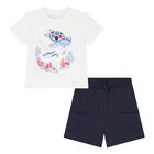 Younger Boys White & Navy Blue Shorts Set, 2, hi-res