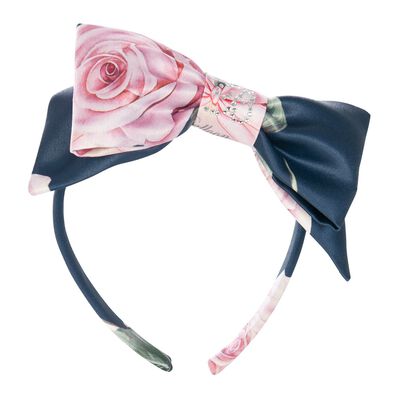 Girls Navy & Pink Rose Print Bow Hairband