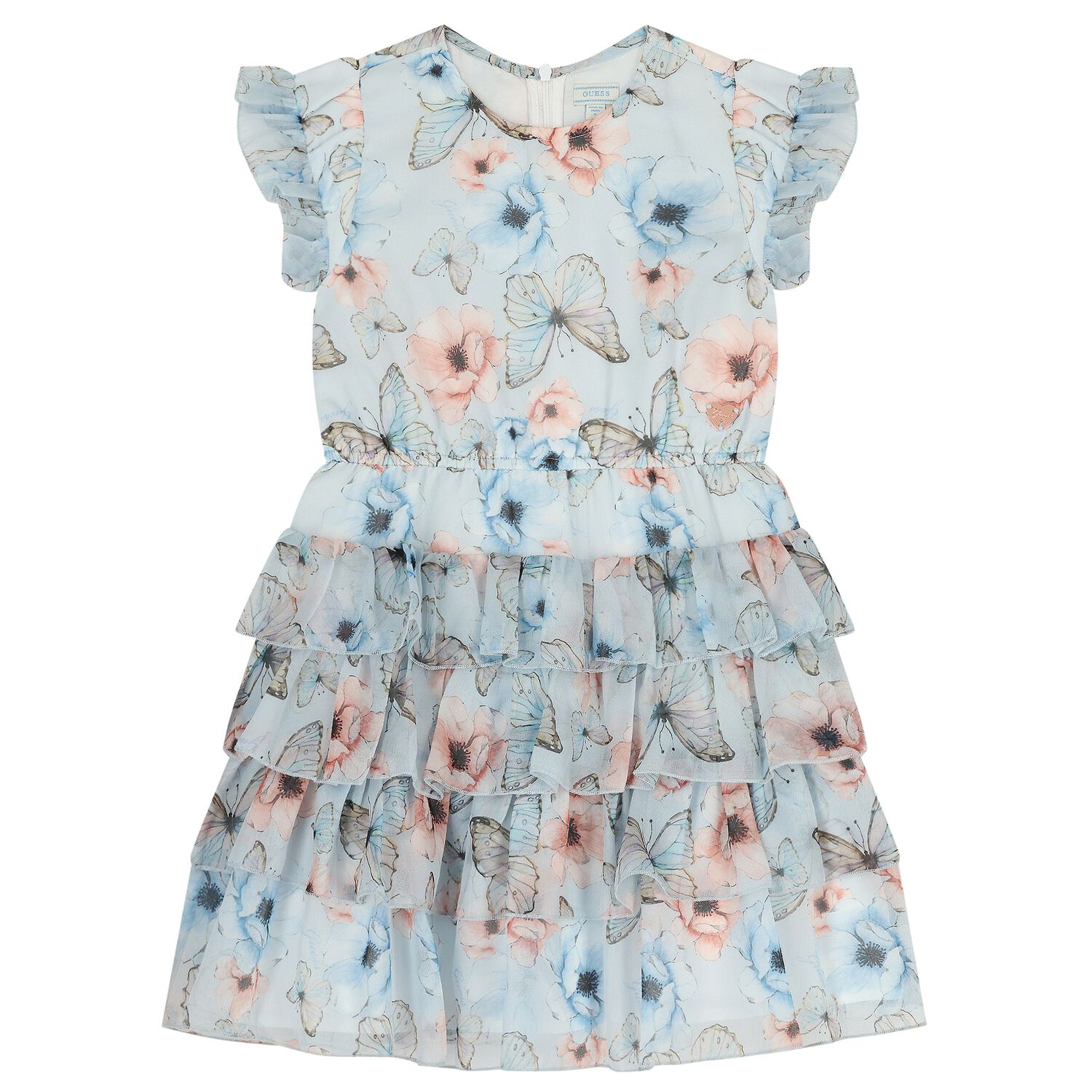 Girls Blue Floral & Butterfly Tiered Dress, 1, hi-res