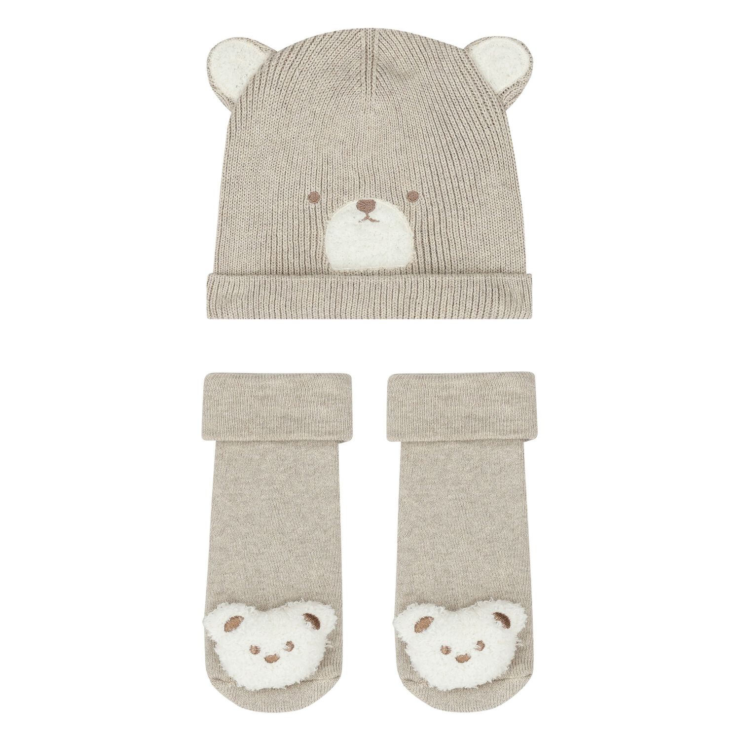 Beige Bear Hat & Socks Baby Set, 2, hi-res
