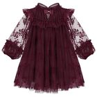 Girls Burgundy Floral Ruffled Tulle Dress, 1, hi-res