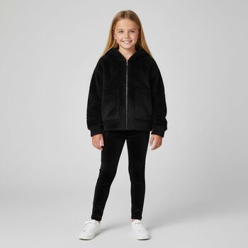 Girls Black Fluffy Knit Hooded Zip Up Top