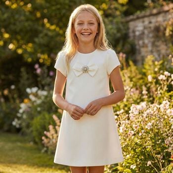 Girls White Bow Diamante Dress