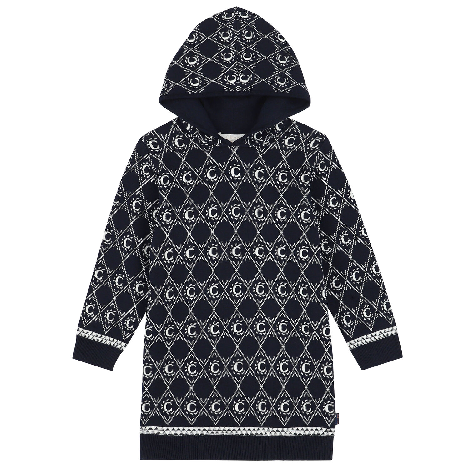 Girls Navy Logo Hooded Knitted Dress, 1, hi-res