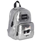 Girls Metallic Silver Logo Backpack, 1, hi-res