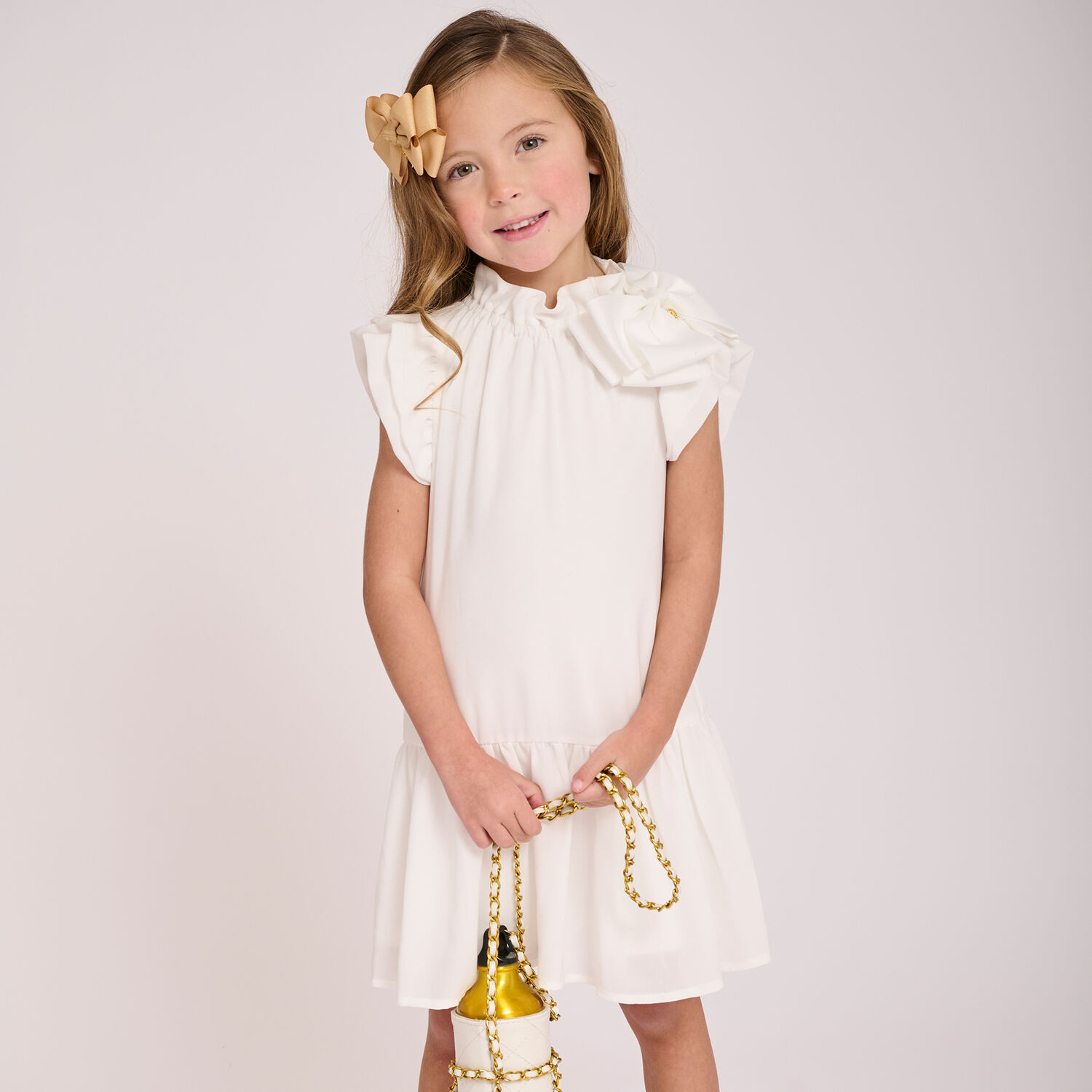 Girls White Bow Dress, 4, hi-res