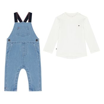 Baby Boys White & Blue Dungaree Set