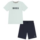 Boys Mini Me White & Navy Blue Logo Shorts Set, 1, hi-res