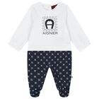Baby Boys White & Navy Blue Logo Babygrow, 1, hi-res